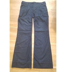 Three button fly, flare denim slacks